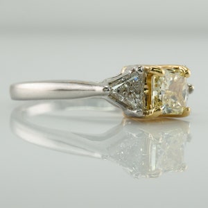 Fancy Yellow Diamond Ring, Vintage 18K White Gold Engagement Wedding Three Stone Ring.