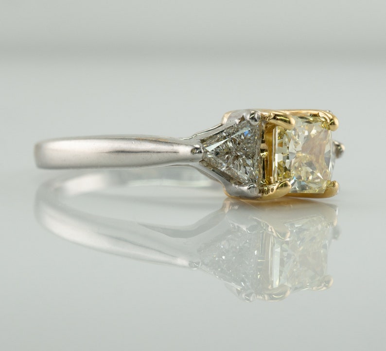 Fancy Yellow Diamond Ring, Vintage 18K White Gold Engagement Wedding Three Stone Ring.