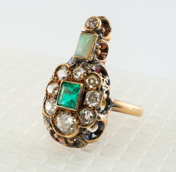 Natural Genuine Opal Diamond Emerald Ring, Antique - image 5