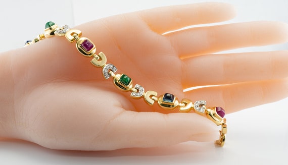 Ruby Sapphire Diamond & Emerald Bracelet, 18K Gold - image 3