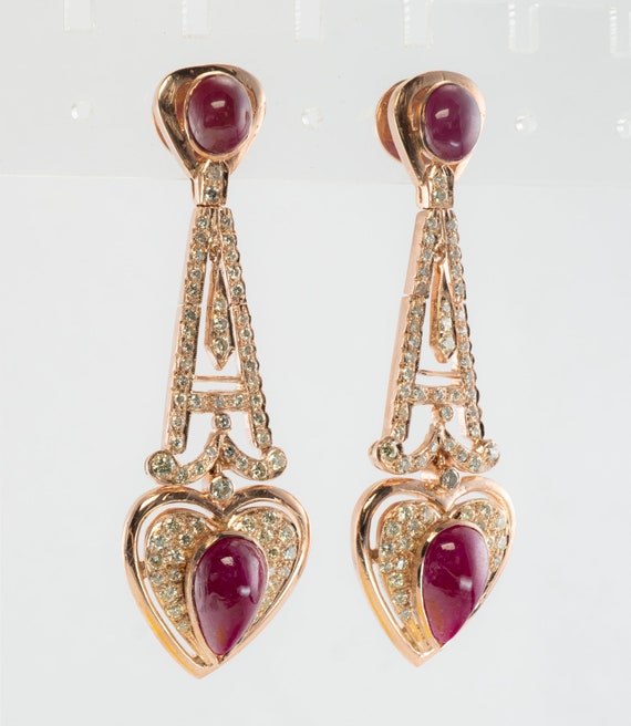 Diamond Ruby Heart Earrings, 18K Rose Gold - image 10