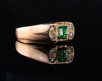 Diamond Colombian Emerald Ring, Vintage Estate 18K Gold Band