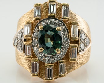 Mens Diamond Green Sapphire Ring, Vintage 14K Gold