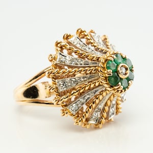 Natural Diamond Emerald Ring, Vintage Estate 18K Gold Cocktail