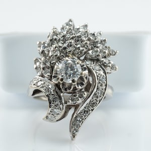 Diamond Cluster Ring, Vintage Estate 14K White Gold Cocktail 1.25 TDW