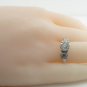 Three Stone Diamond Halo Ring, Vintage 14K Gold Band Engagement Wedding Ring.