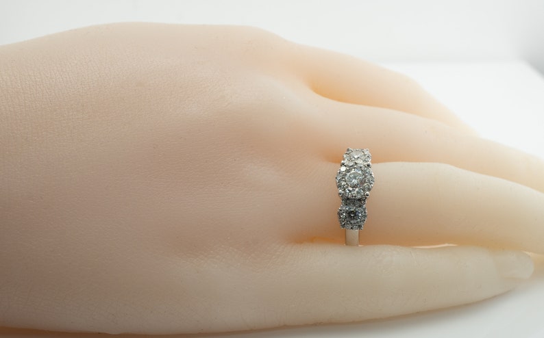 Three Stone Diamond Halo Ring, Vintage 14K Gold Band Engagement Wedding Ring.