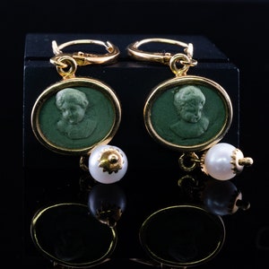 Green Cameo Pearl Earrings, 18K Gold & Lava, Angel Cherub image 9