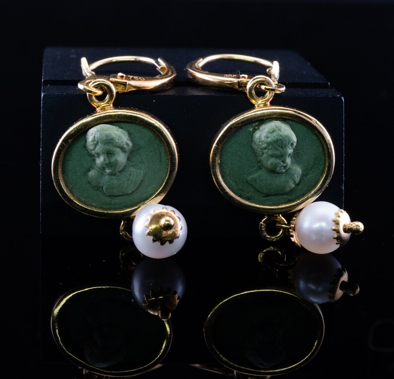 Green Cameo Pearl Earrings, 18K Gold & Lava, Angel Cherub image 9