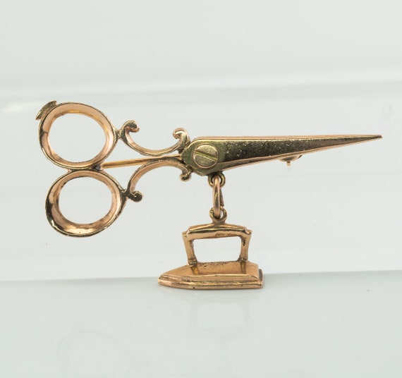 Scissors and Iron Brooch Pin, Vintage 14K Rose Go… - image 1