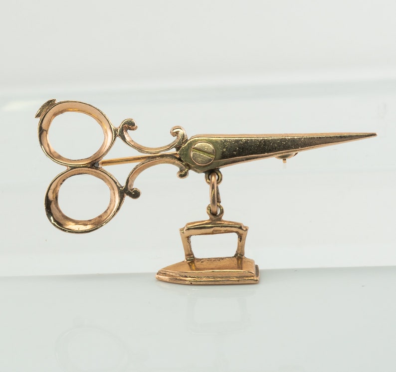 Scissors and Iron Brooch Pin, Vintage 14K Rose Gold image 1