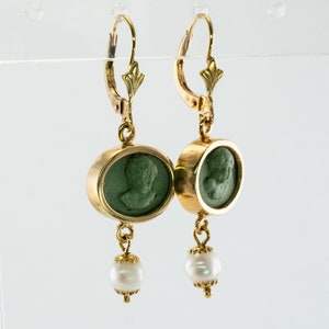 Green Cameo Pearl Earrings, 18K Gold & Lava, Angel Cherub image 2