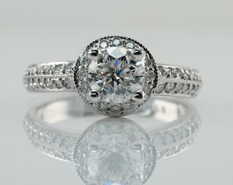 Anillo con halo de diamantes, alianza vintage de platino, para compromiso o boda.