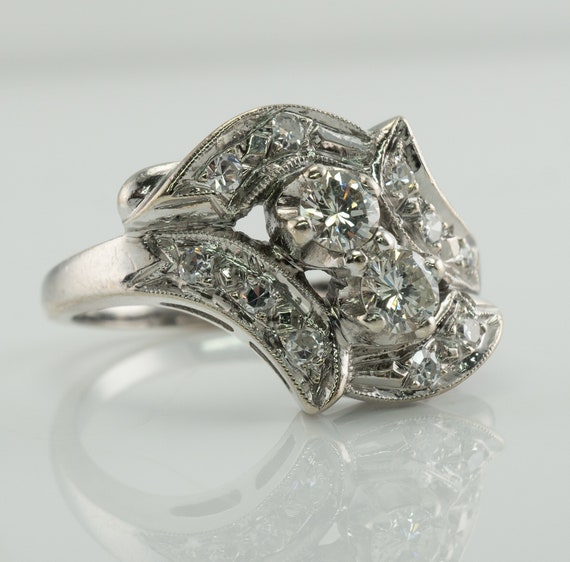 Diamond Ring, Vintage 14K White Gold Floral State… - image 9