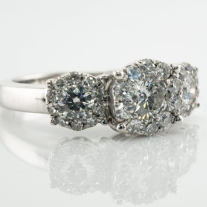 Three Stone Diamond Halo Ring, Vintage 14K Gold Band Engagement Wedding Ring.