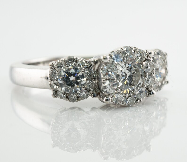 Three Stone Diamond Halo Ring, Vintage 14K Gold Band Engagement Wedding Ring.