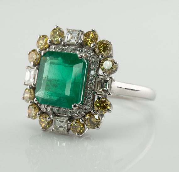 Diamond Green Zambian Emerald Ring, 18K Gold Cock… - image 4