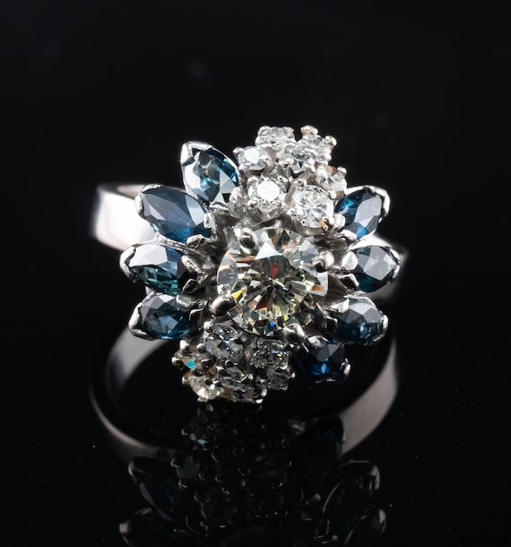 Diamond Sapphire Ring, Vintage 18K White Gold, Co… - image 8