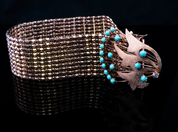 Turquoise Rose Gold Mesh, Cuff Diamond Bracelet - image 9