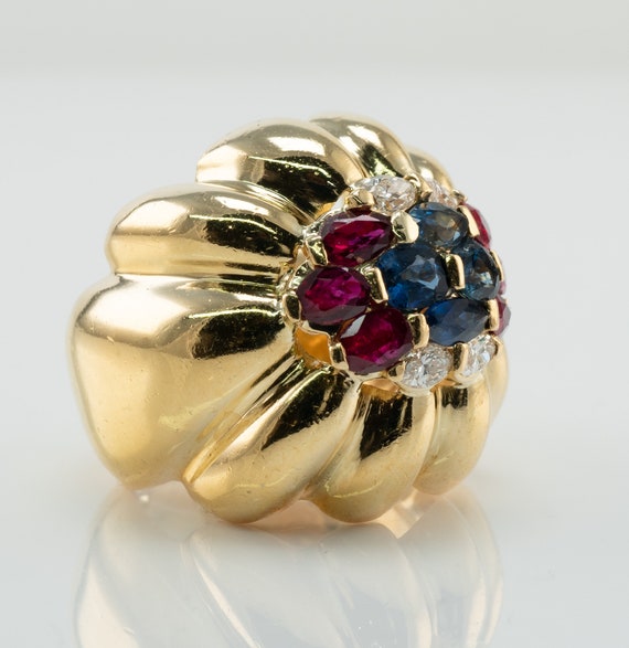 Sapphire Diamond Ruby Dome Ring, 18K Gold Band Vin