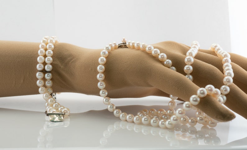 Vintage Mikimoto Pearl & Sterling Silver Bracelet Necklace Set.