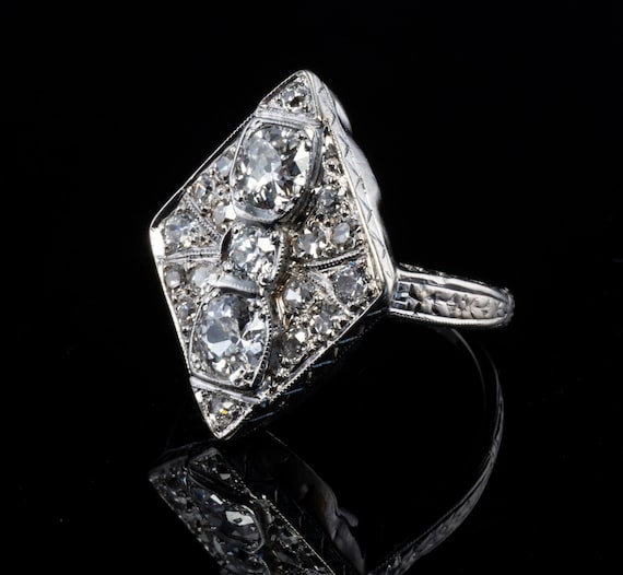 Art Deco Diamond Ring, Geometric 14K Gold Antique - image 3