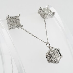Natural Diamond Necklace Earrings Set, Vintage Geometric Cube 14K White Gold Necklace & Earrings.