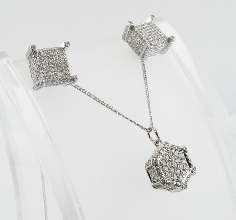 Natural Diamond Necklace Earrings Set, Vintage Geometric Cube 14K White Gold Necklace & Earrings.