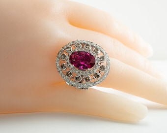 Rubellite Pink Tourmaline Diamond Ring, Vintage 18K White Gold, Cocktail
