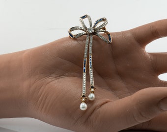 Diamond Sapphire Pearl Ribbon Bow Brooch, Vintage 18K Gold