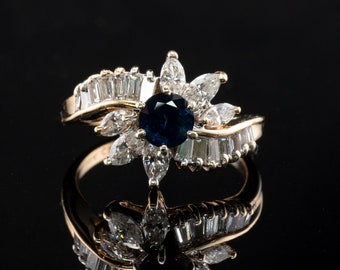 Natural Sapphire Diamond Ring, 14K Yellow Gold, Vintage Floral