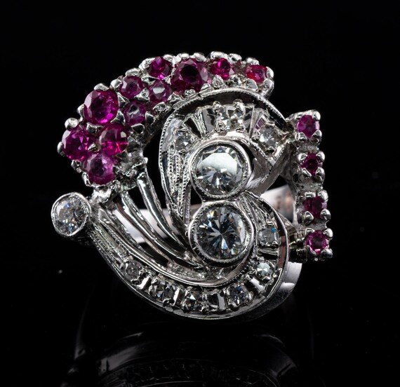 Art Deco Diamond Ruby Ring, Vintage Gold Spiral - image 2