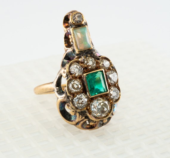Natural Genuine Opal Diamond Emerald Ring, Antique - image 3