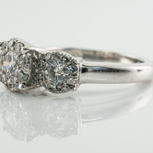 Three Stone Diamond Halo Ring, Vintage 14K Gold Band Engagement Wedding Ring.