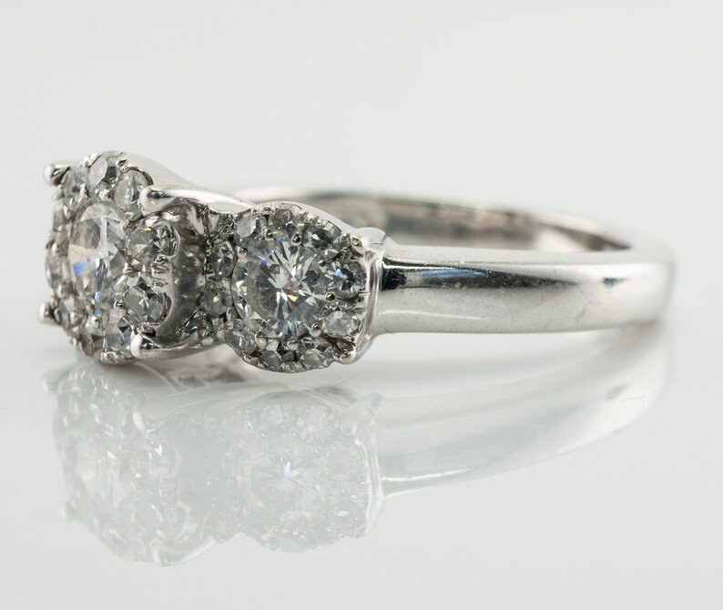 Three Stone Diamond Halo Ring, Vintage 14K Gold Band Engagement Wedding Ring.