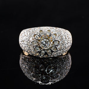 Natural Diamond Ring, Vintage Floral Flower 18K Yellow Gold Band