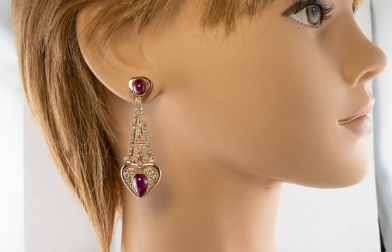 Diamond Ruby Heart Earrings, 18K Rose Gold - image 4