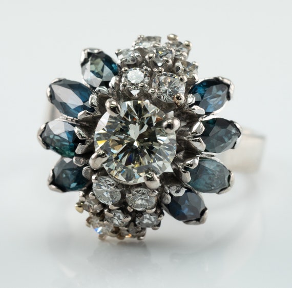 Diamond Sapphire Ring, Vintage 18K White Gold, Co… - image 1