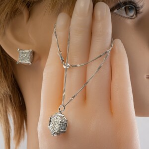Natural Diamond Necklace Earrings Set, Vintage Geometric Cube 14K White Gold Necklace & Earrings.