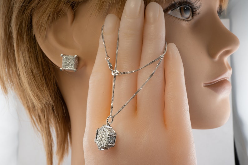 Natural Diamond Necklace Earrings Set, Vintage Geometric Cube 14K White Gold Necklace & Earrings.