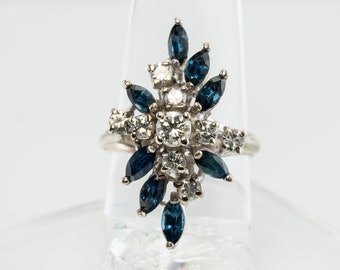 Sapphire Diamond Ring, Vintage 14K White Gold Floral Flower