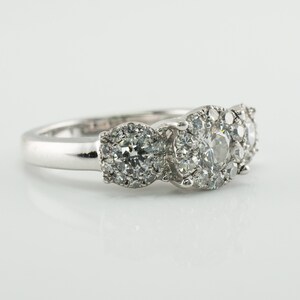 Three Stone Diamond Halo Ring, Vintage 14K Gold Band Engagement Wedding Ring.