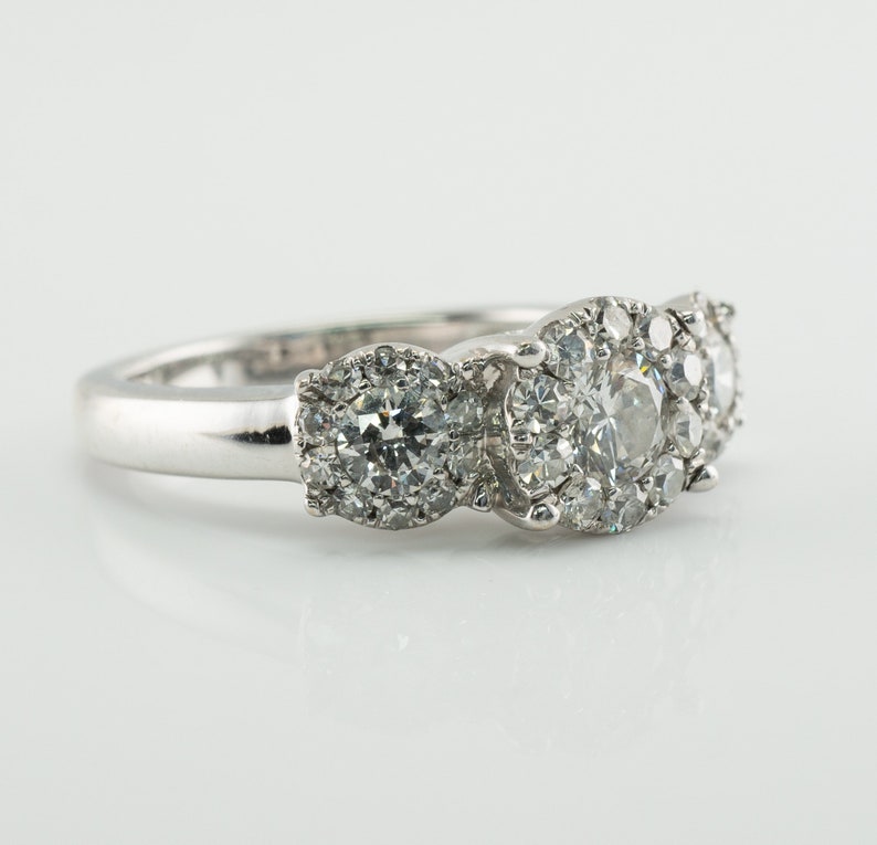 Three Stone Diamond Halo Ring, Vintage 14K Gold Band Engagement Wedding Ring.