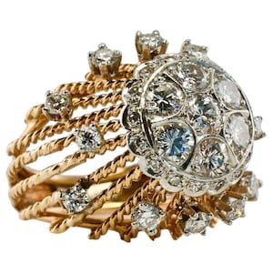 Natural Diamond Ring,  18K Yellow Gold, Vintage Estate, Cocktail 1950s