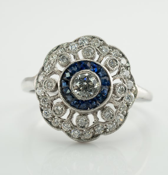 Art Deco Diamond Sapphire Ring, Vintage 14K Gold - image 7