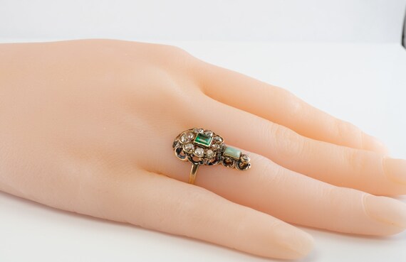 Natural Genuine Opal Diamond Emerald Ring, Antique - image 4