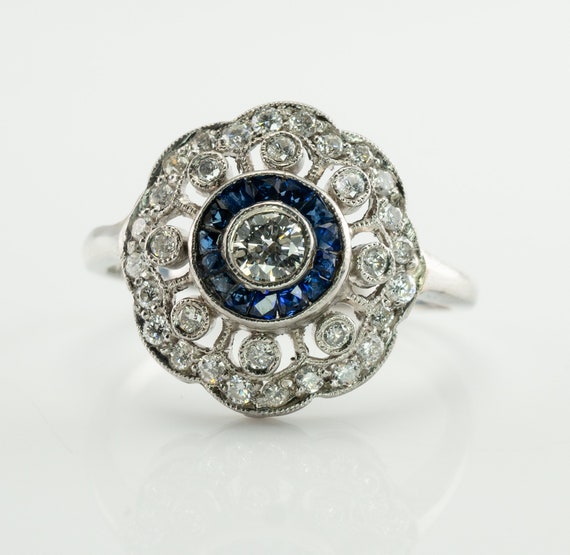 Art Deco Diamond Sapphire Ring, Vintage 14K Gold - image 2