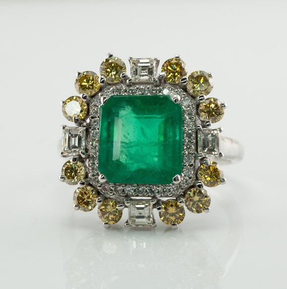 Diamond Green Zambian Emerald Ring, 18K Gold Cock… - image 1