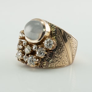 Art Deco Diamond Chalcedony Sapphire Ring, Vintage 14K Gold