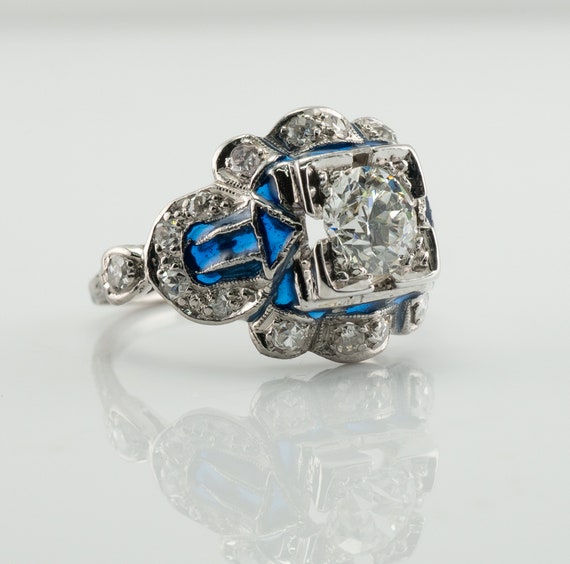 Art Deco Diamond Ring, Vintage Enamel 14K Gold St… - image 6
